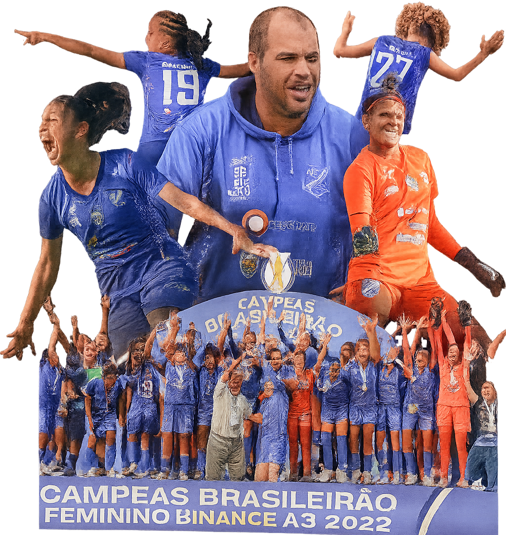 Imagem das atletetas e comissão tecnica da AD taubate comemorando título